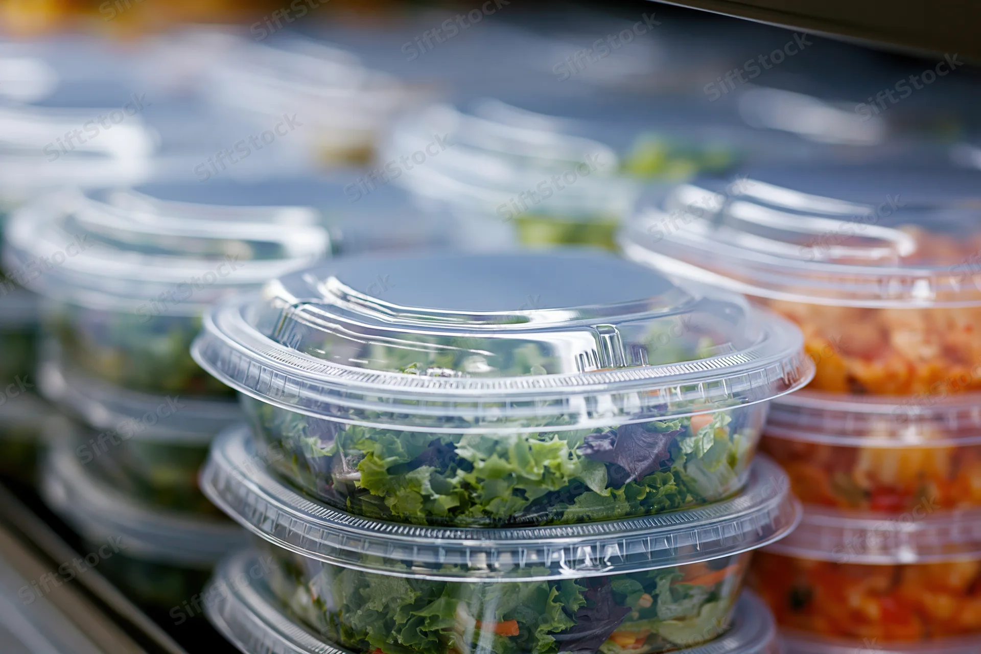 Stacked clear plastic clamshell containers filled with fresh salad greens on a refrigerated shelf
