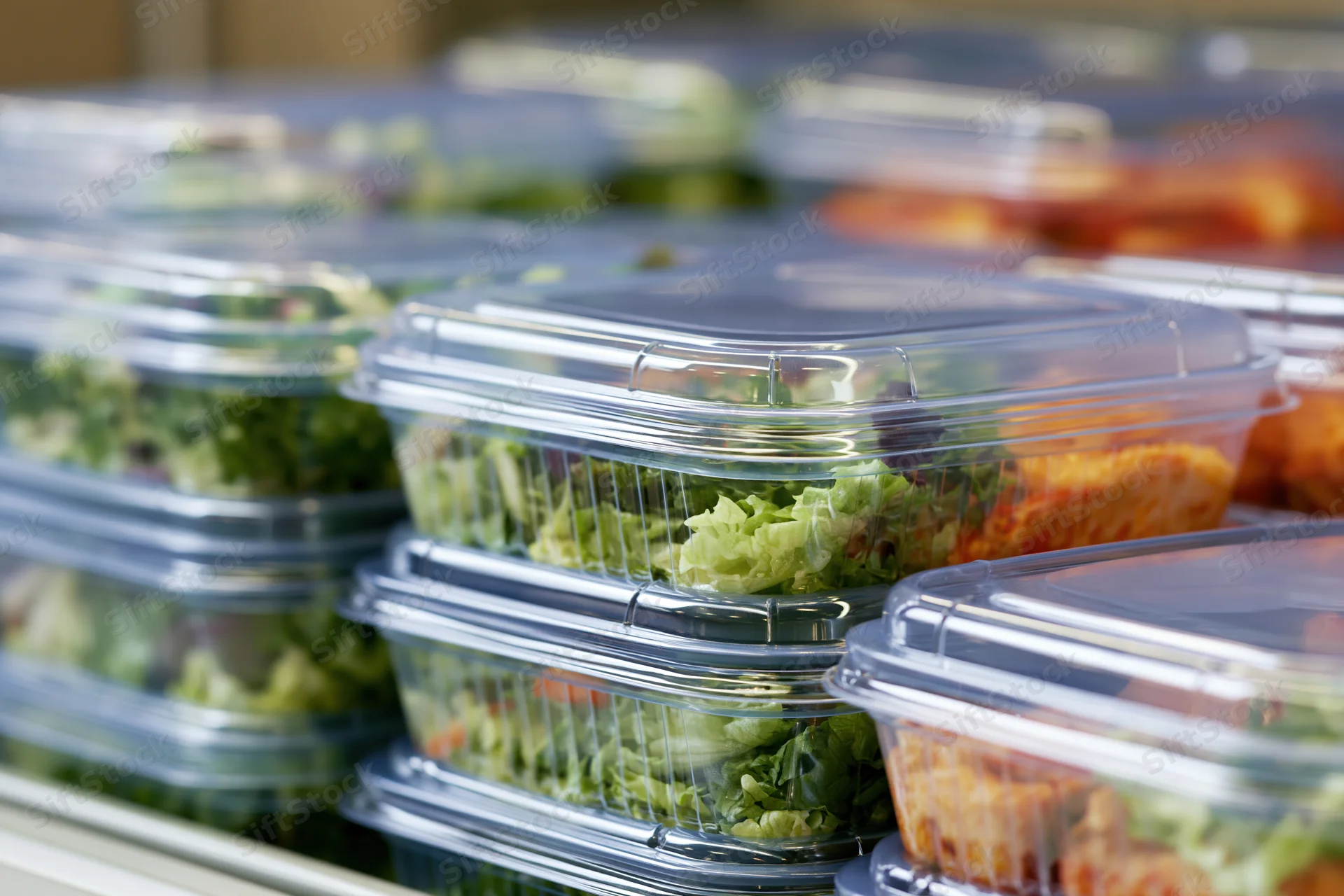 Stacked clear plastic clamshell containers filled with salads and meals on a refrigerated shelf