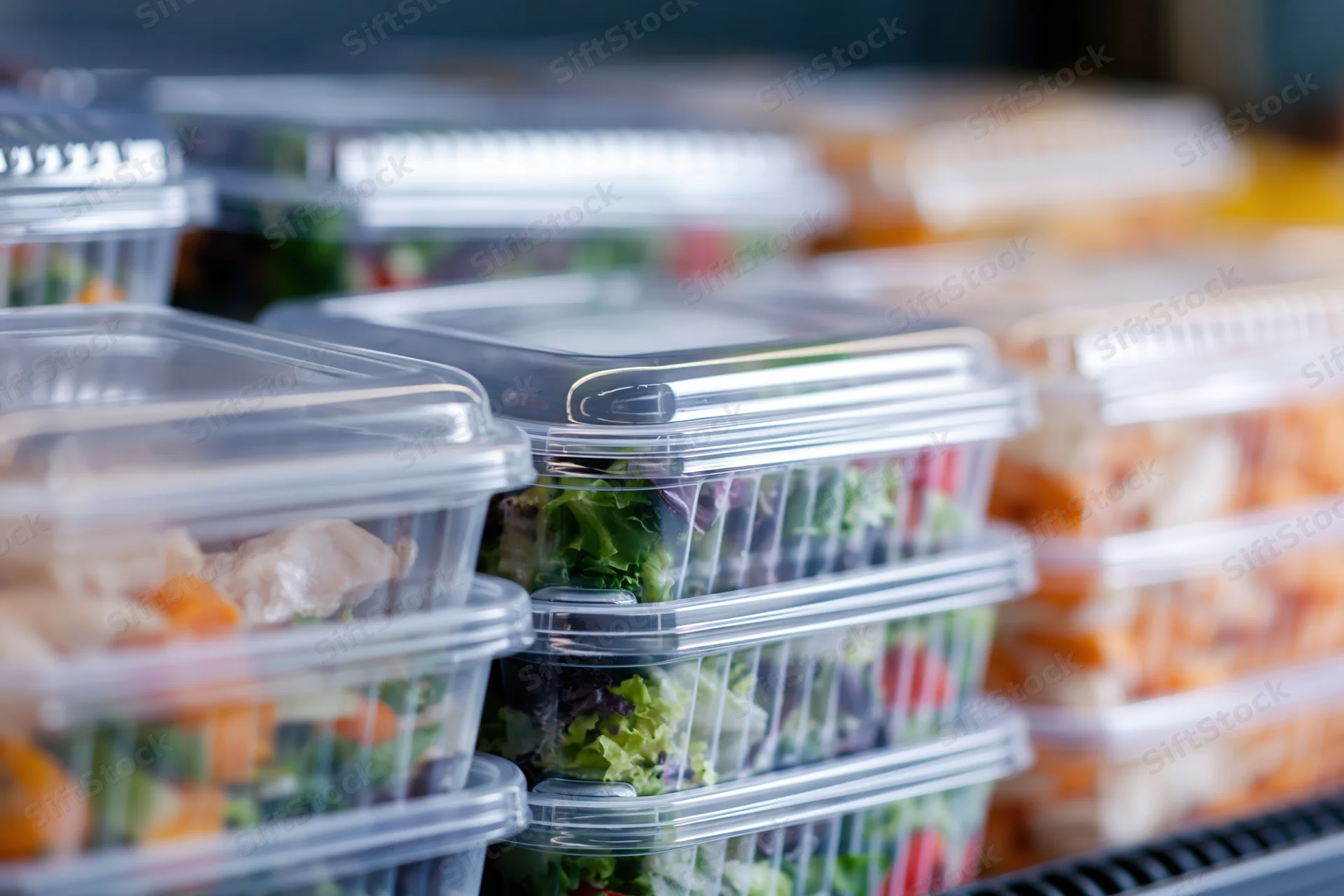 Stacked clear plastic containers filled with salads and meals on a refrigerated shelf