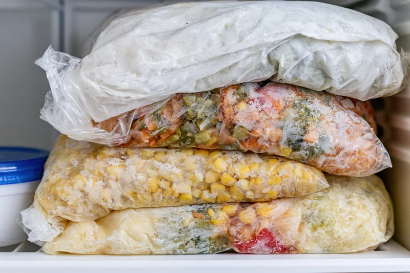 Stacked plastic bags of frozen vegetables in a white freezer shelf
