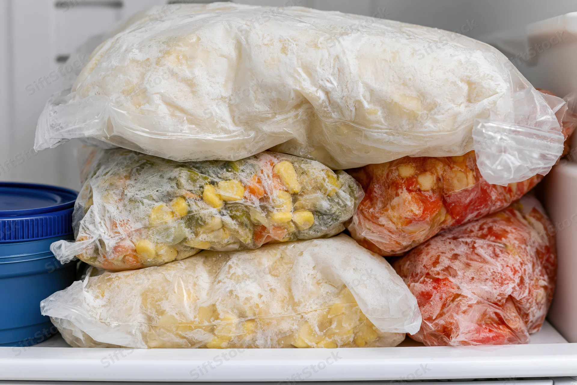 Stacked plastic bags of frozen vegetables packed tightly in a white freezer
