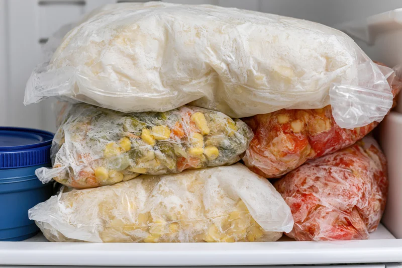 Stacked plastic bags of frozen vegetables packed tightly in a white freezer