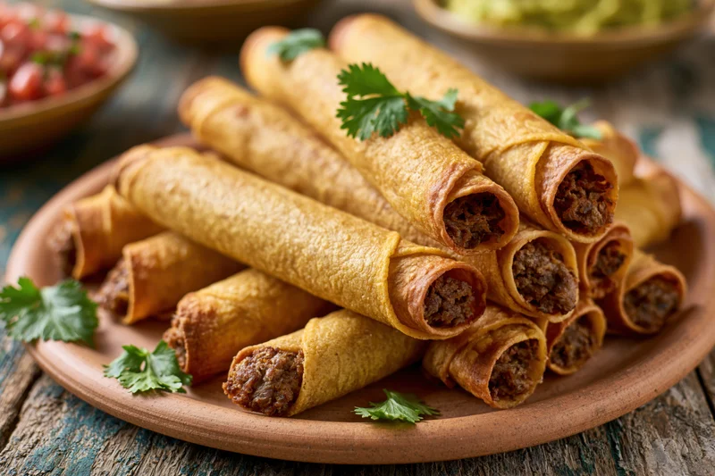 Golden fried beef taquitos stacked on a rustic ceramic plate with cilantro garnish on a wooden table