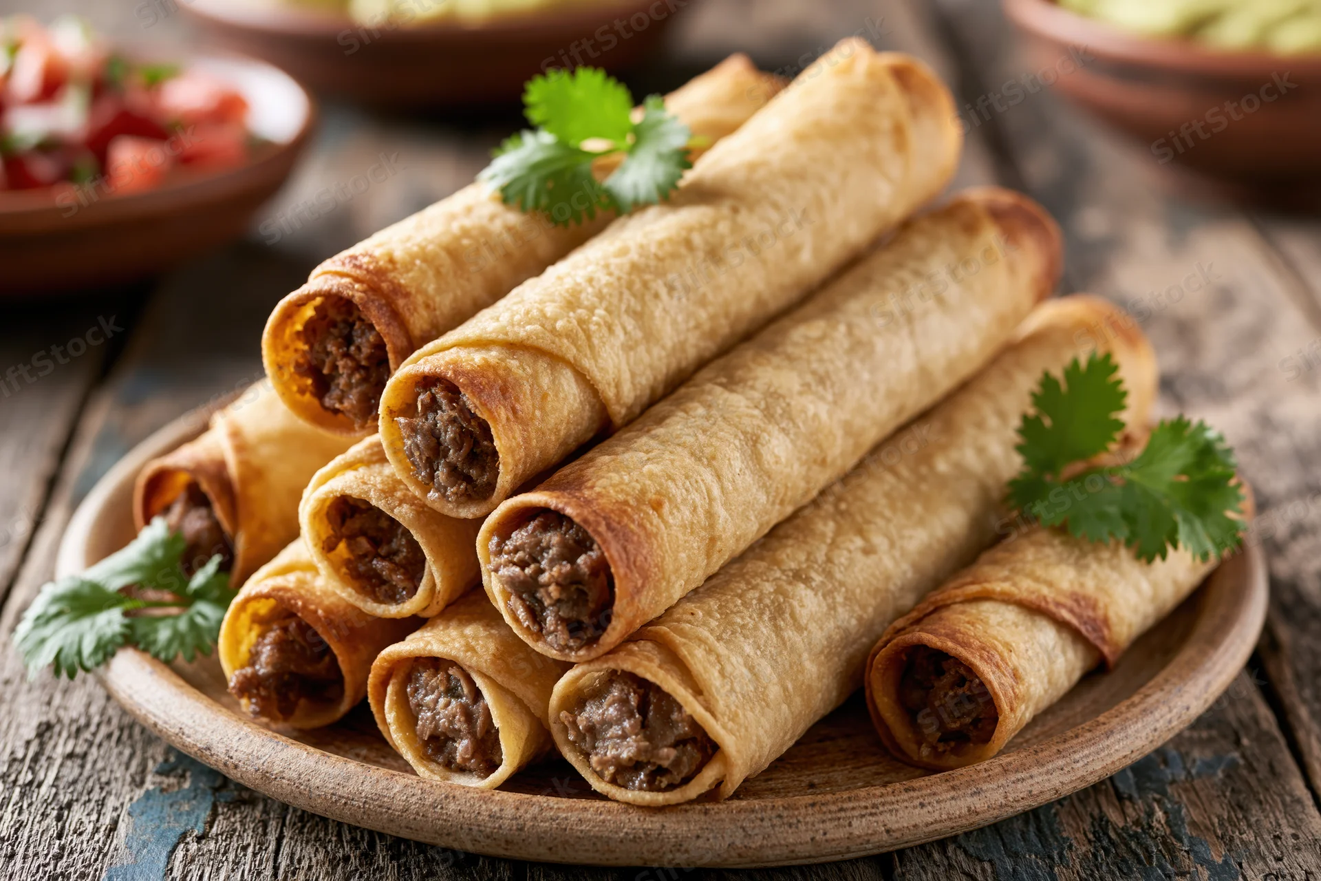 Golden fried beef taquitos stacked on a rustic ceramic plate with cilantro garnish on a wooden table