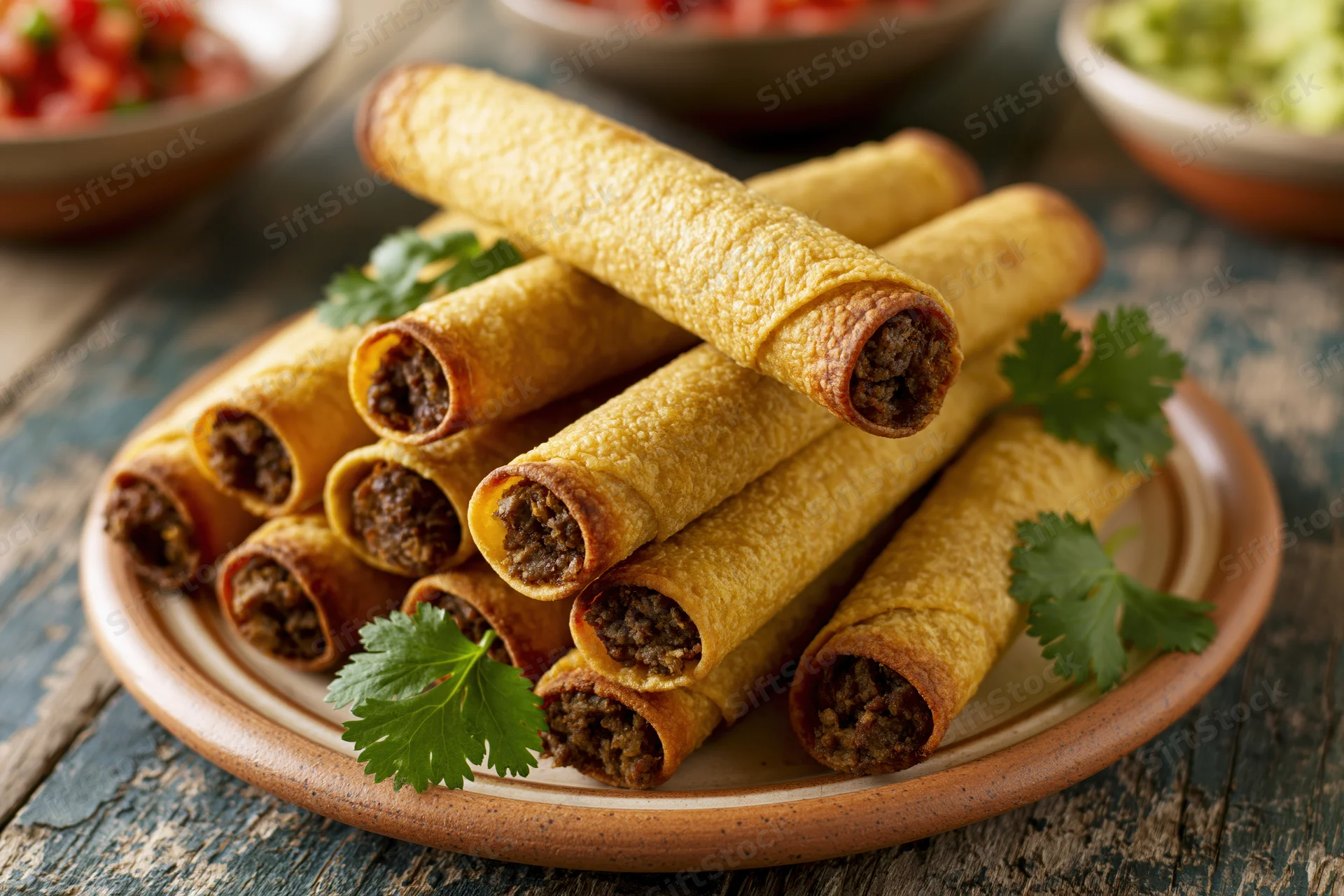 Golden fried beef taquitos stacked on a rustic ceramic plate with cilantro garnish on a wooden table