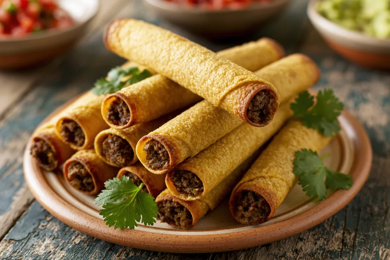 Golden fried beef taquitos stacked on a rustic ceramic plate with cilantro garnish on a wooden table