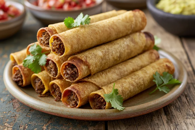 Golden fried beef taquitos stacked on a rustic ceramic plate with cilantro garnish and side bowls of salsa and guacamole on a wooden table