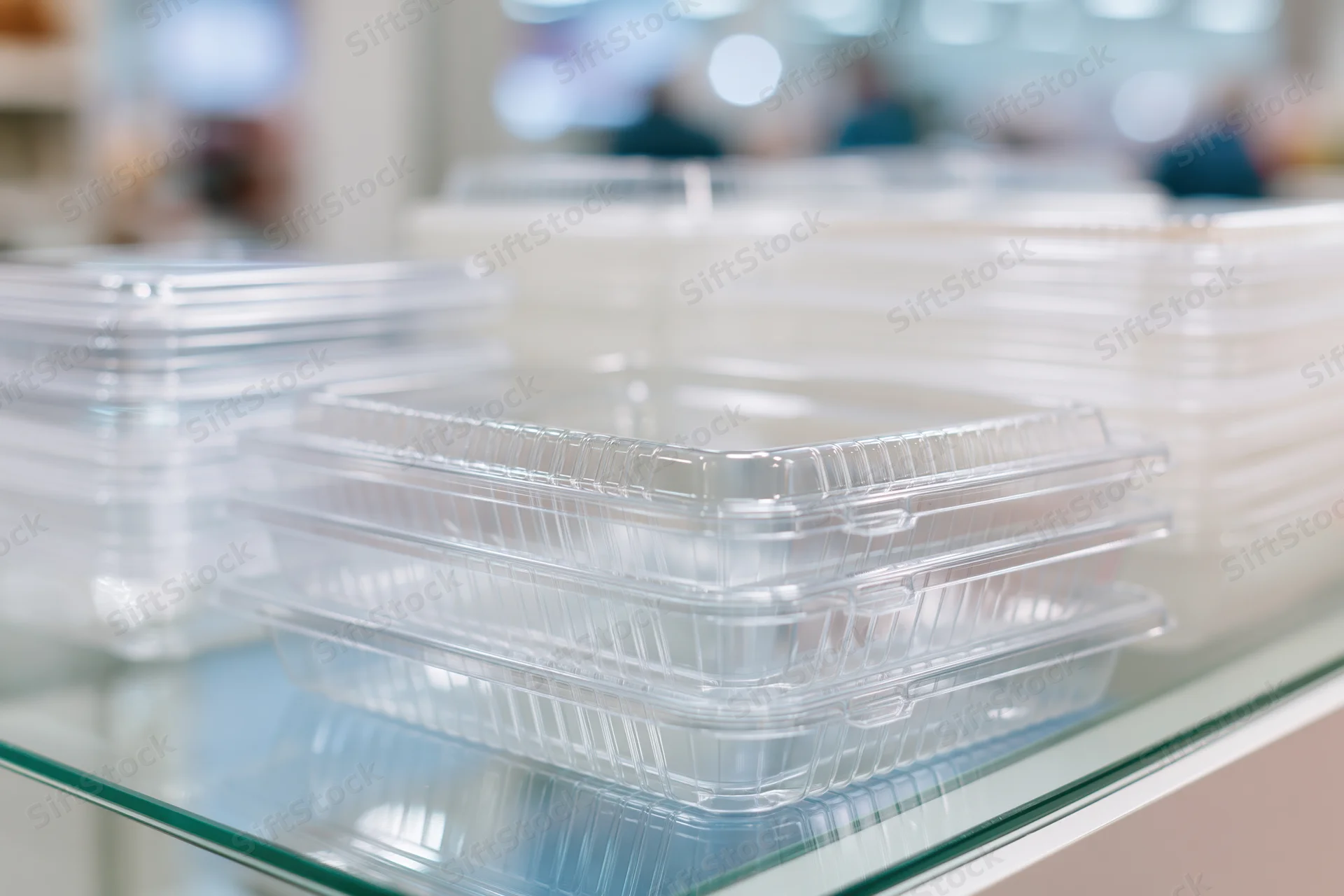 Stacks of clear plastic clamshell food containers on a glass display shelf in a retail store