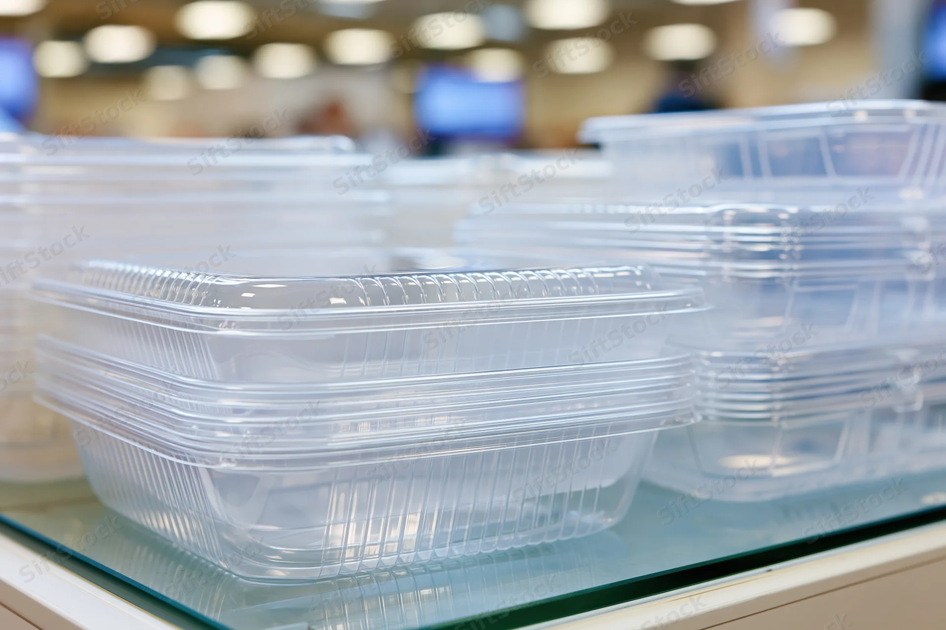 Stacks of clear plastic clamshell food containers on a glass display shelf in a supermarket