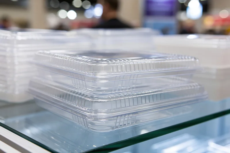 Stacks of clear plastic clamshell food containers on a glass display shelf in a retail store