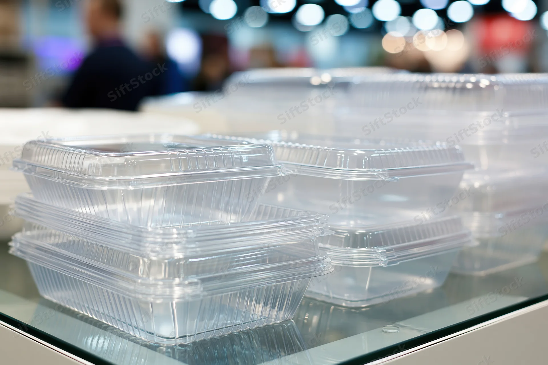 Stacks of clear plastic clamshell food containers on a glass table at a trade show