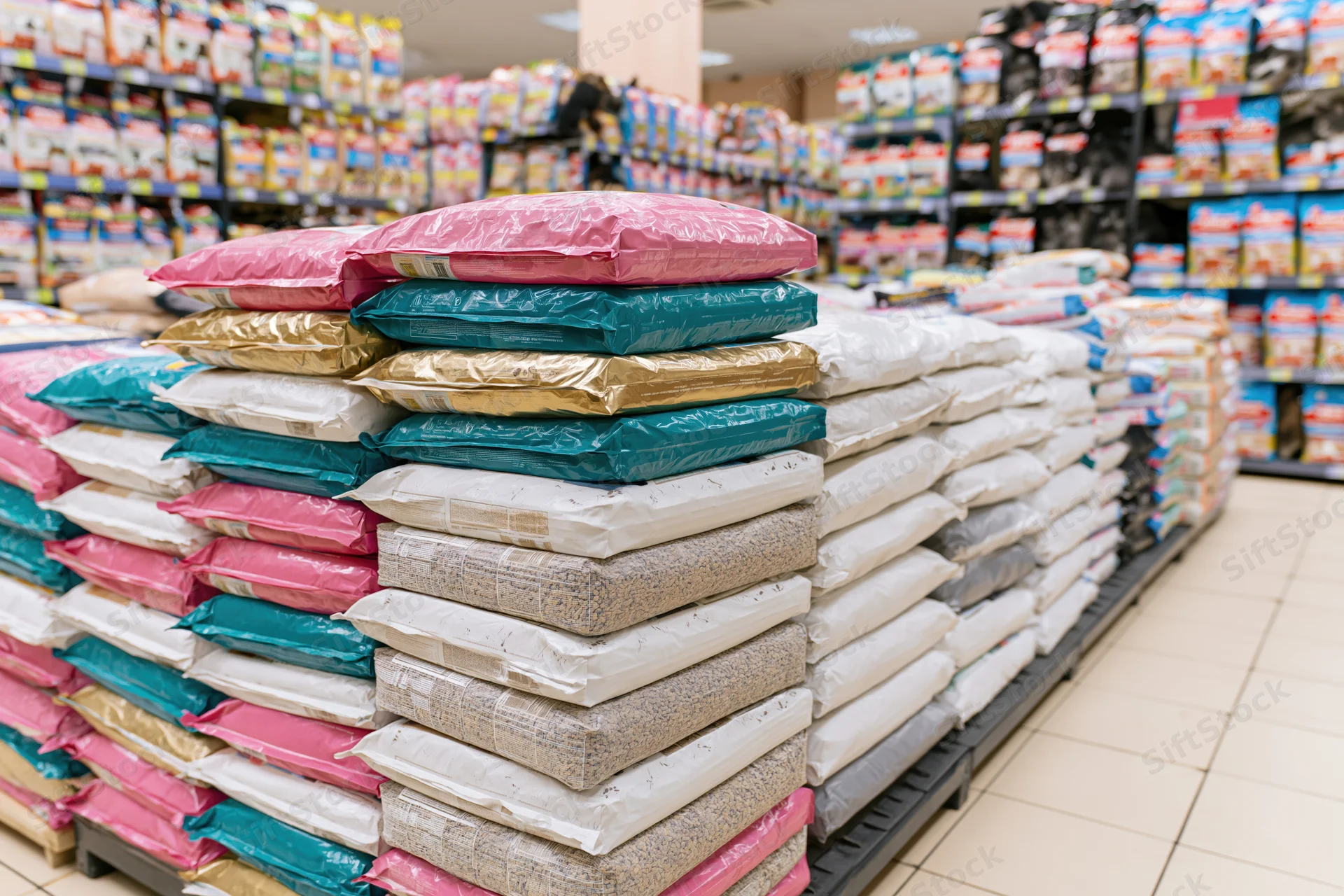 Stacks of pet food bags piled high on a display table inside a supermarket aisle