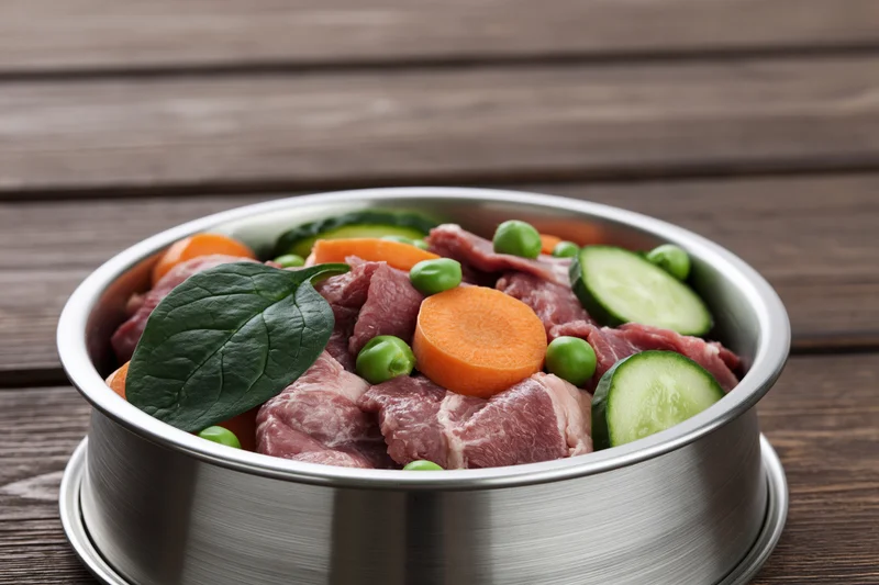 Stainless steel pet bowl filled with raw meat, carrots, cucumbers and peas on wooden table