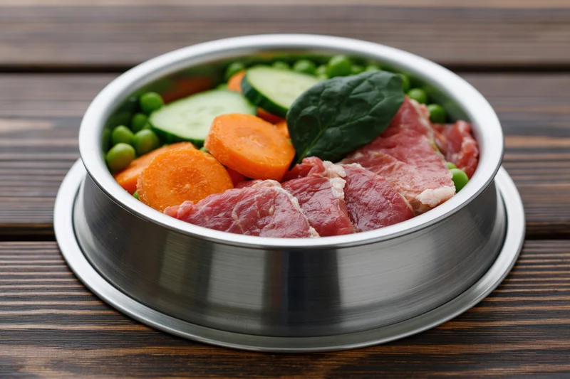 Stainless steel pet bowl filled with raw meat slices carrots cucumbers peas and spinach on wooden surface