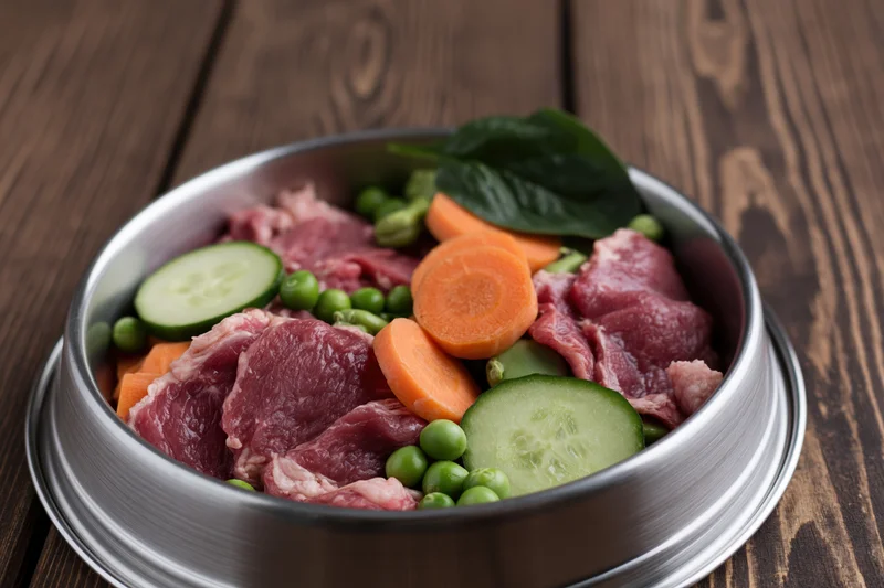 Stainless steel pet bowl filled with raw meat slices carrots cucumbers and peas on wooden surface