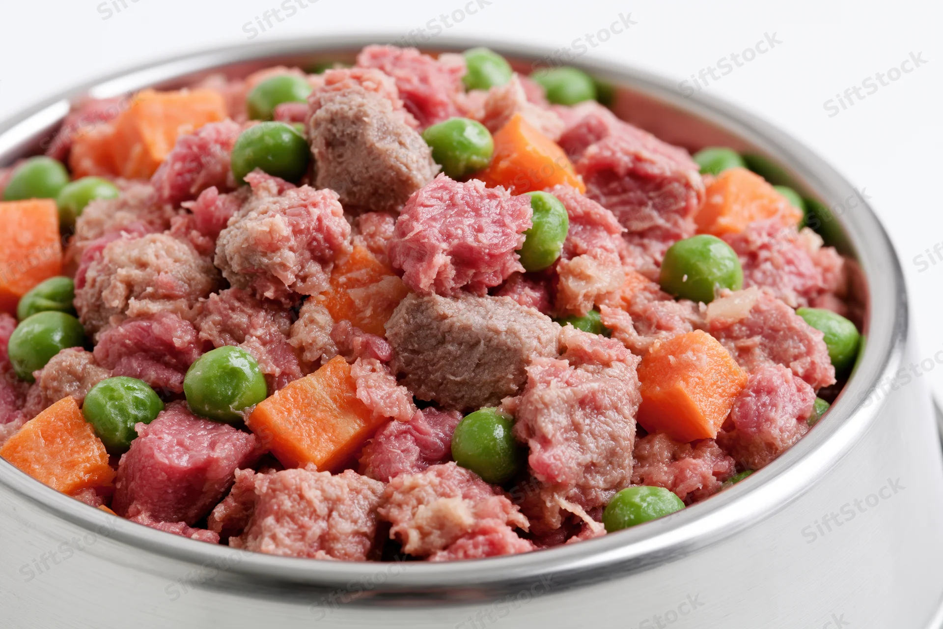 Stainless steel bowl filled with chunky wet dog food containing meat, carrots and peas
