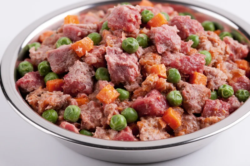 Chunky wet dog food with meat, carrots and peas in a stainless steel bowl