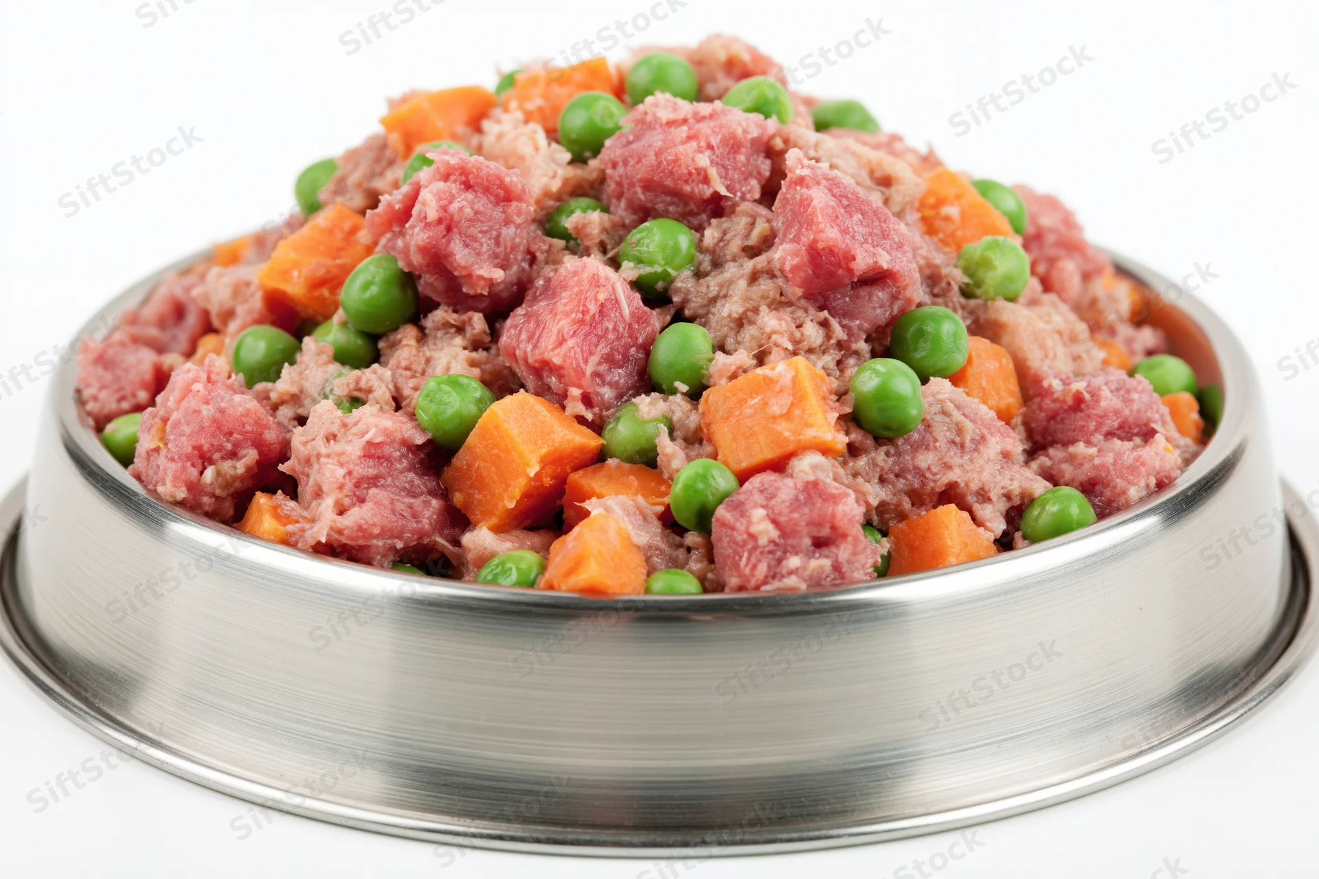 Chunky wet dog food with meat, carrots and peas in a stainless steel bowl
