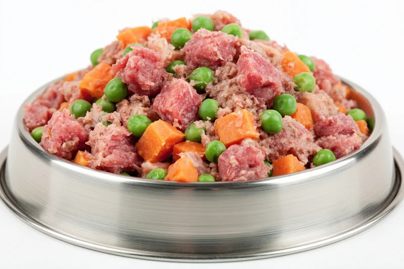 Chunky wet dog food with meat, carrots and peas in a stainless steel bowl