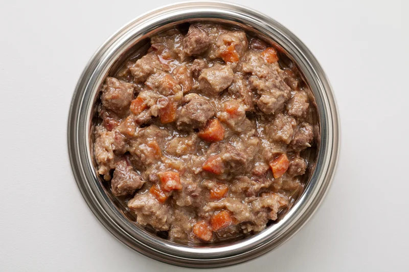 Chunky wet dog food in a stainless steel bowl on white surface