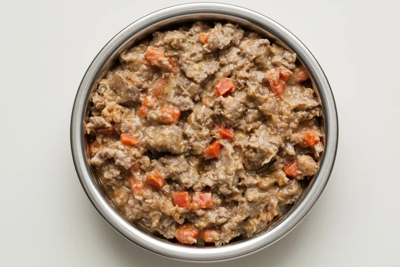 Chunky wet dog food in a stainless steel bowl viewed from above on a white surface