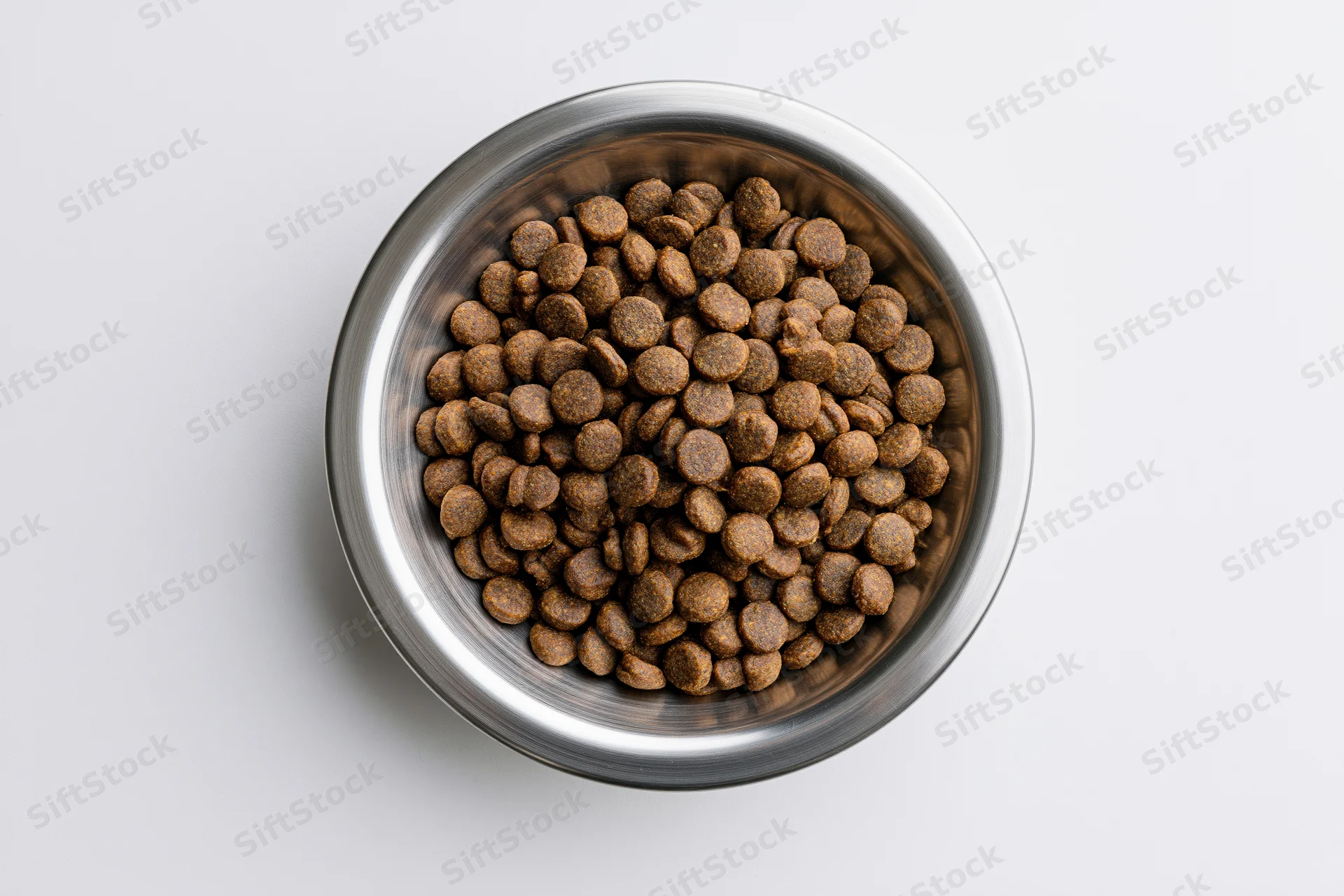 Stainless steel bowl filled with dry pet kibble on white surface