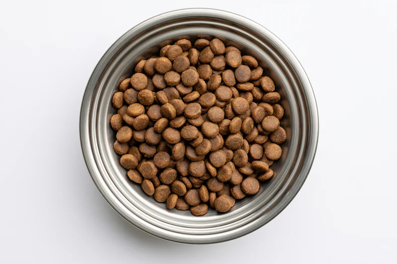 Stainless steel bowl filled with dry pet kibble on white background