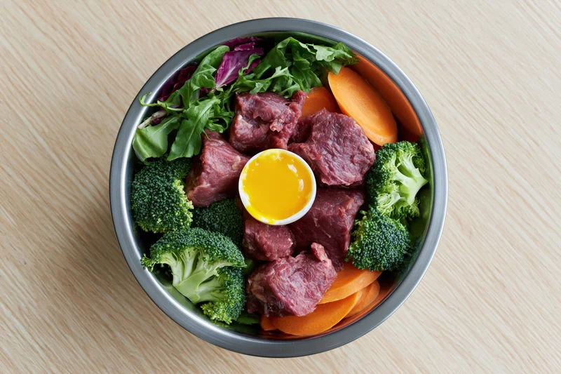 Raw beef and vegetables with egg in stainless steel bowl on wooden table