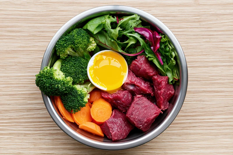 Raw pet food ingredients in a stainless steel bowl on wooden surface