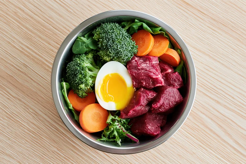Stainless steel bowl filled with raw beef, half-boiled egg, broccoli, carrots and greens on wooden table