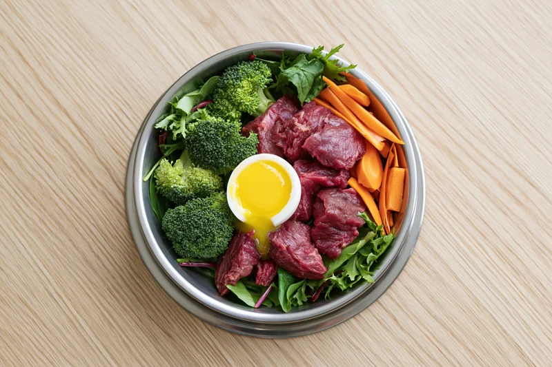 Raw meat and vegetables in a stainless steel bowl on wooden surface