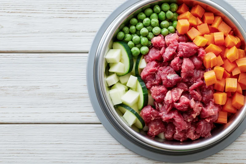Stainless steel bowl filled with raw meat and chopped vegetables on white wooden surface