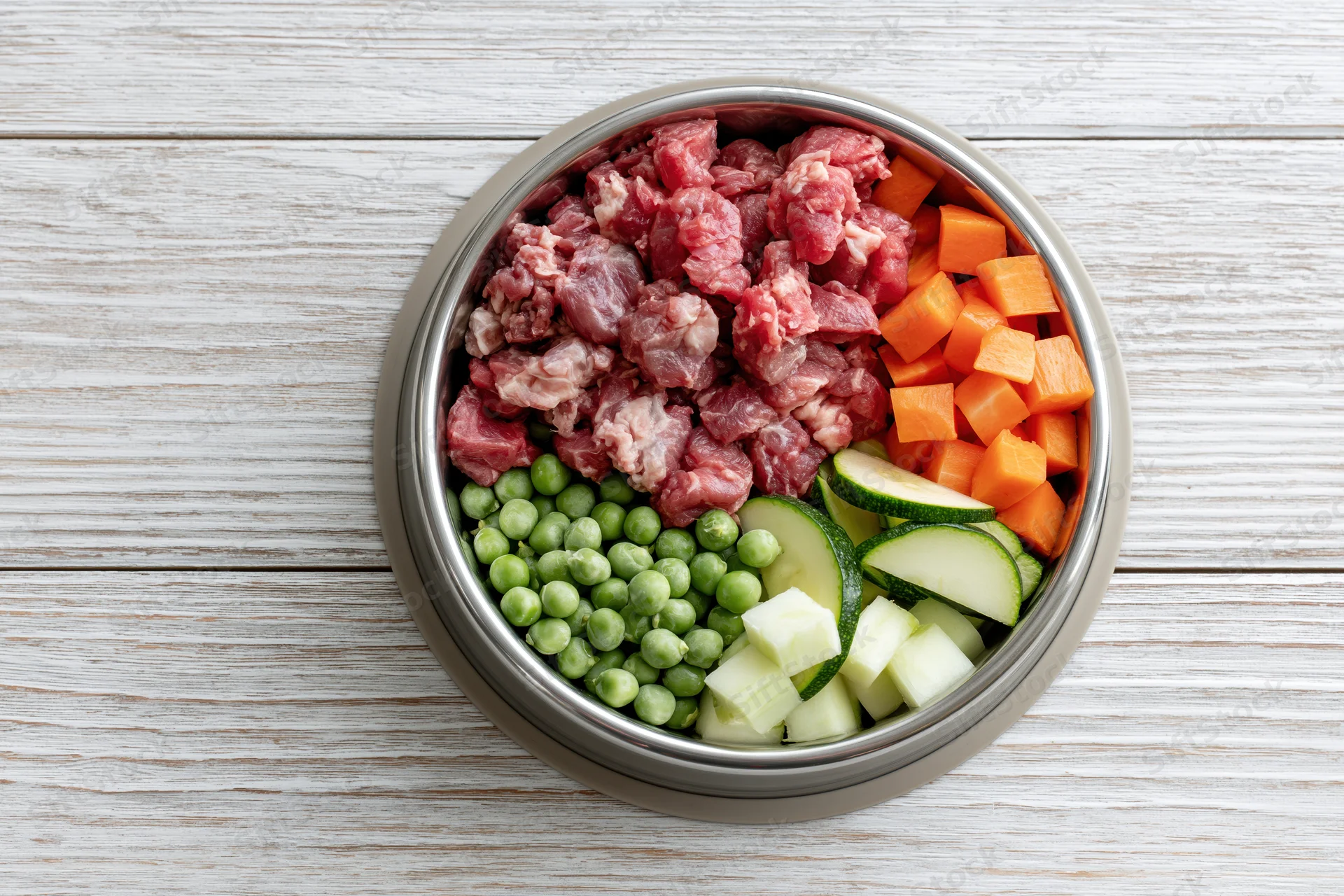 Raw meat and chopped vegetables in a stainless steel pet bowl on a wooden surface