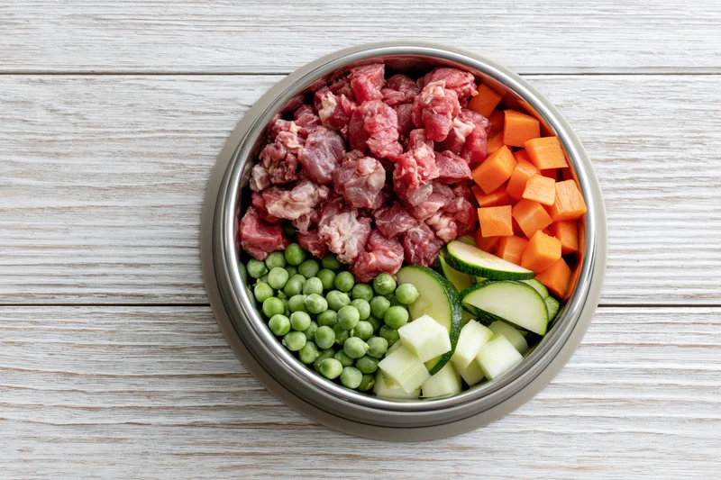 Raw meat and chopped vegetables in a stainless steel pet bowl on a wooden surface