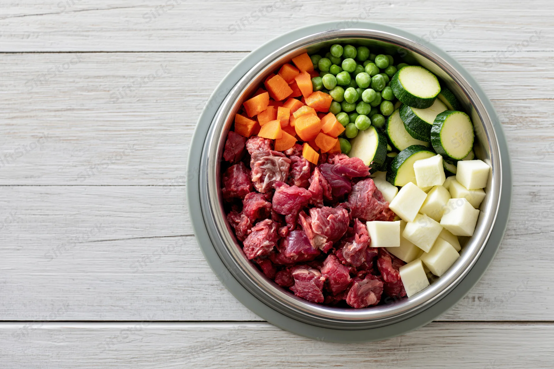Raw dog food ingredients in a stainless steel bowl on a wooden surface