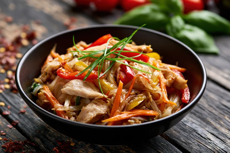 Stir-fried rice noodles with chicken and carrots in a black bowl on a dark wooden table