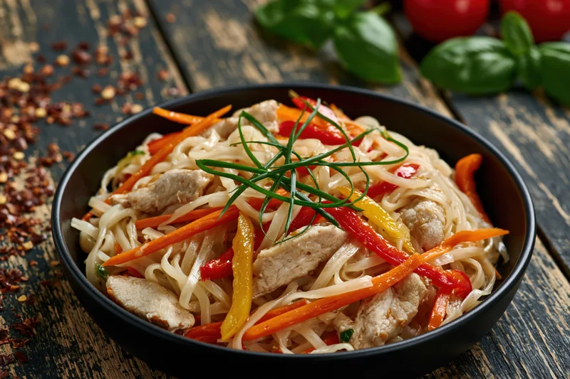 Stir-fried rice noodles with chicken and julienned carrots in a black bowl on a wooden table