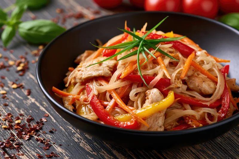 Stir-fried rice noodles with chicken and vegetables in a black bowl on a dark wooden table