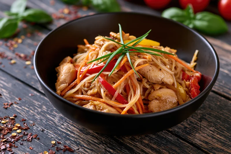 Stir-fried rice noodles with chicken and carrots in a black bowl on a dark wooden table