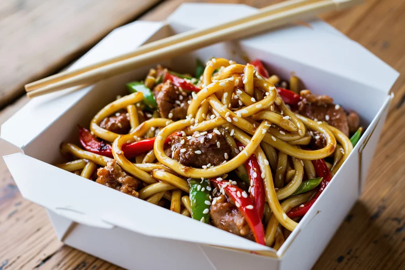 Stir-fried udon noodles with pork and bell peppers in a takeout box on a wooden table