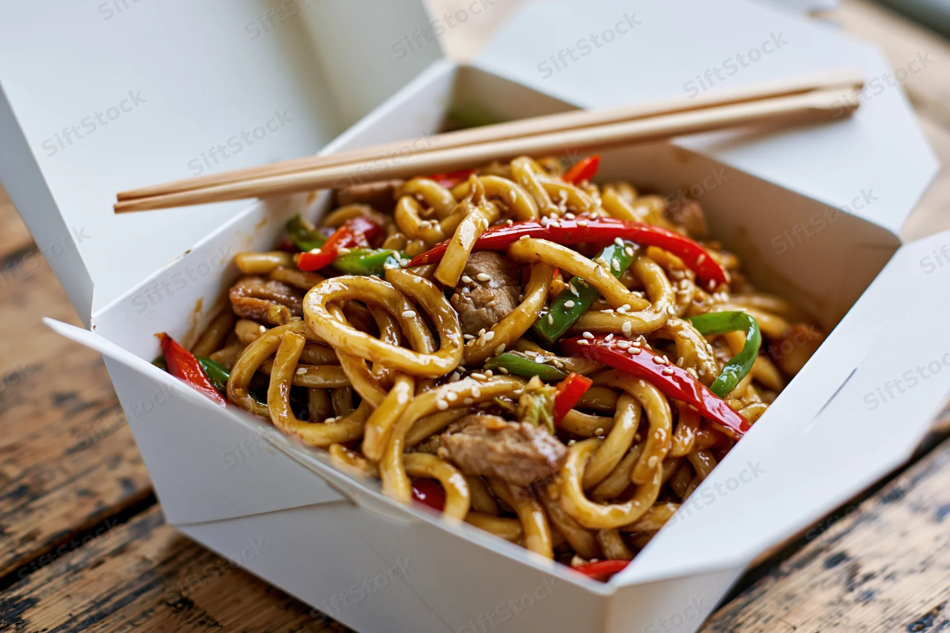 Stir-fried udon noodles with pork and bell peppers in a takeout box on a wooden table