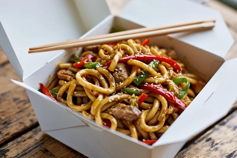 Stir-fried udon noodles with pork and bell peppers in a takeout box on a wooden table