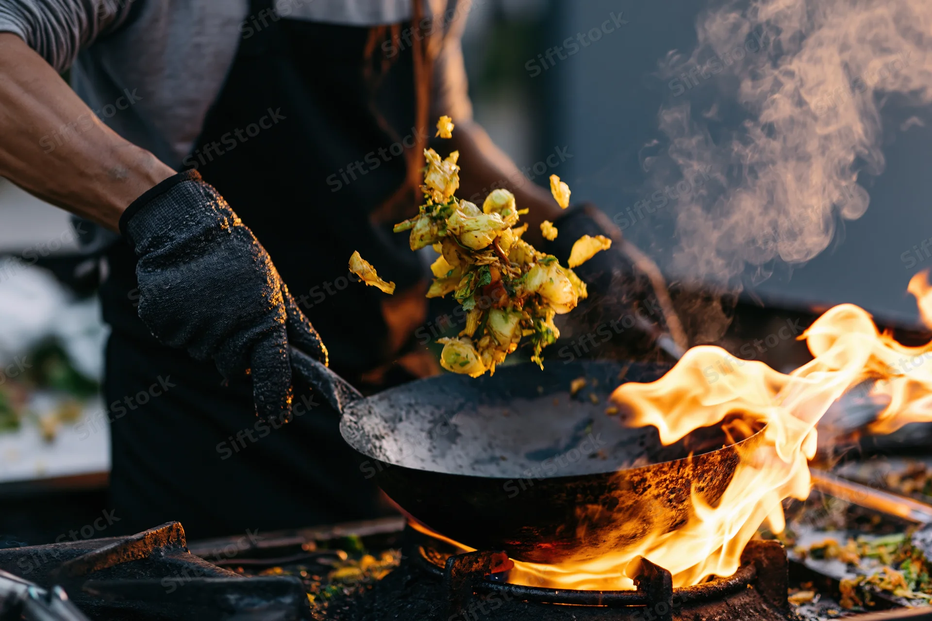 Cook tossing vegetables in a wok over an open flame outdoors