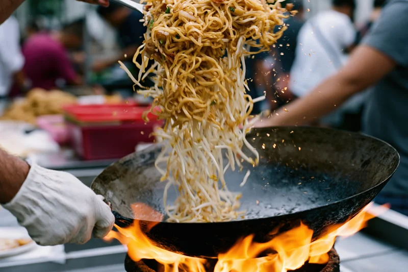 Chef tossing stir-fried noodles and bean sprouts in a wok over open flame at street food market