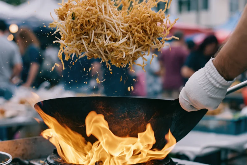 Chef tossing stir-fried noodles and bean sprouts in a flaming wok at an outdoor market