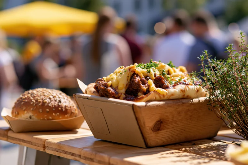 Street food served in a wooden boat tray on a table at an outdoor market