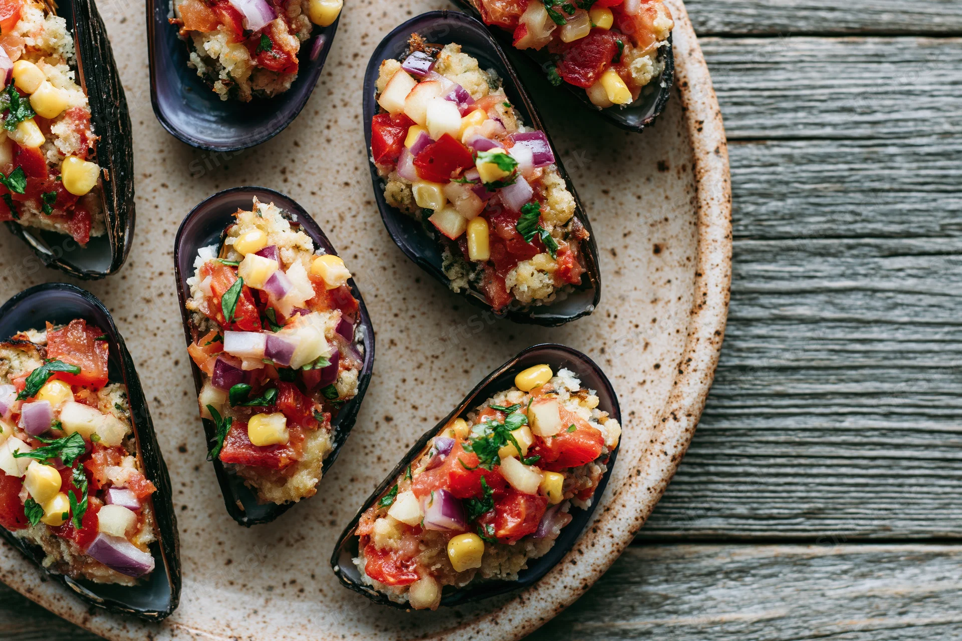 Stuffed mussels on half shells topped with chopped tomato and corn on a speckled ceramic plate on wooden surface