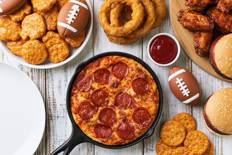 Football party food spread with pizza, onion rings, wings, burgers, and snacks on a weathered white wooden table