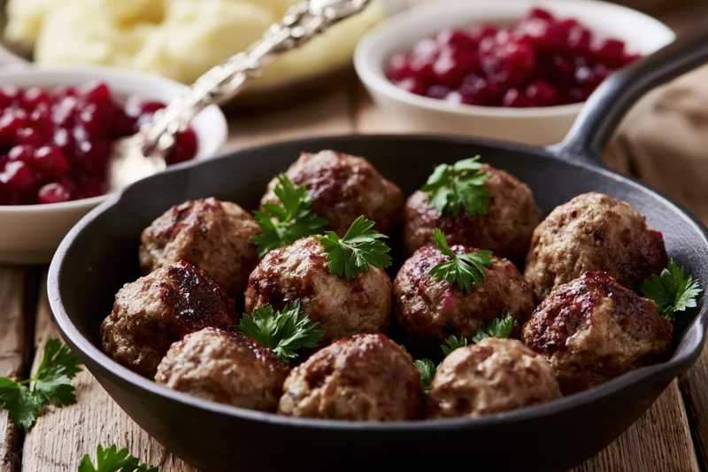 Swedish meatballs in a cast iron pan garnished with parsley served with cranberry sauce and mashed potato on a wooden table