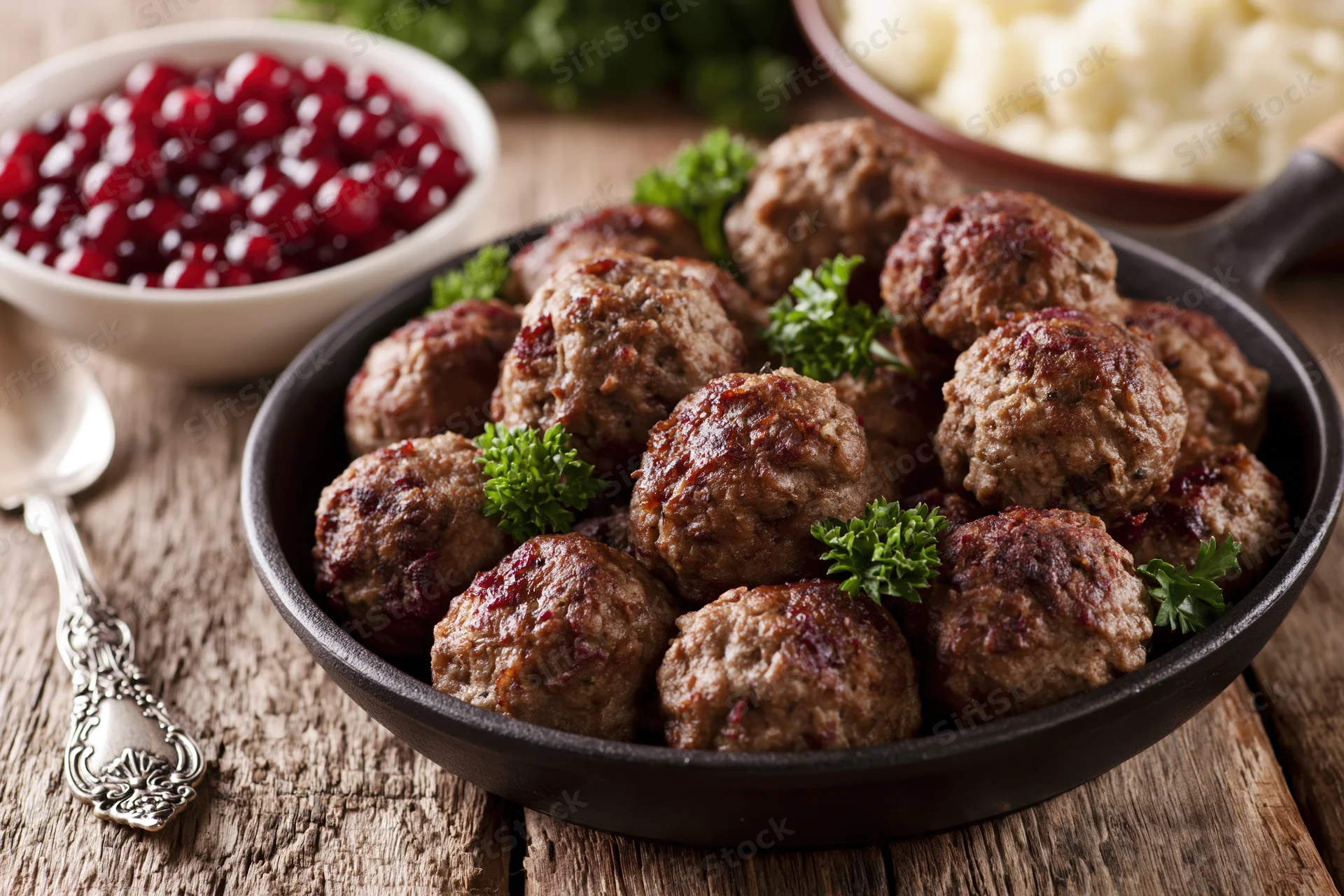Swedish meatballs in a cast iron pan with cranberry sauce and mashed potatoes on a wooden table